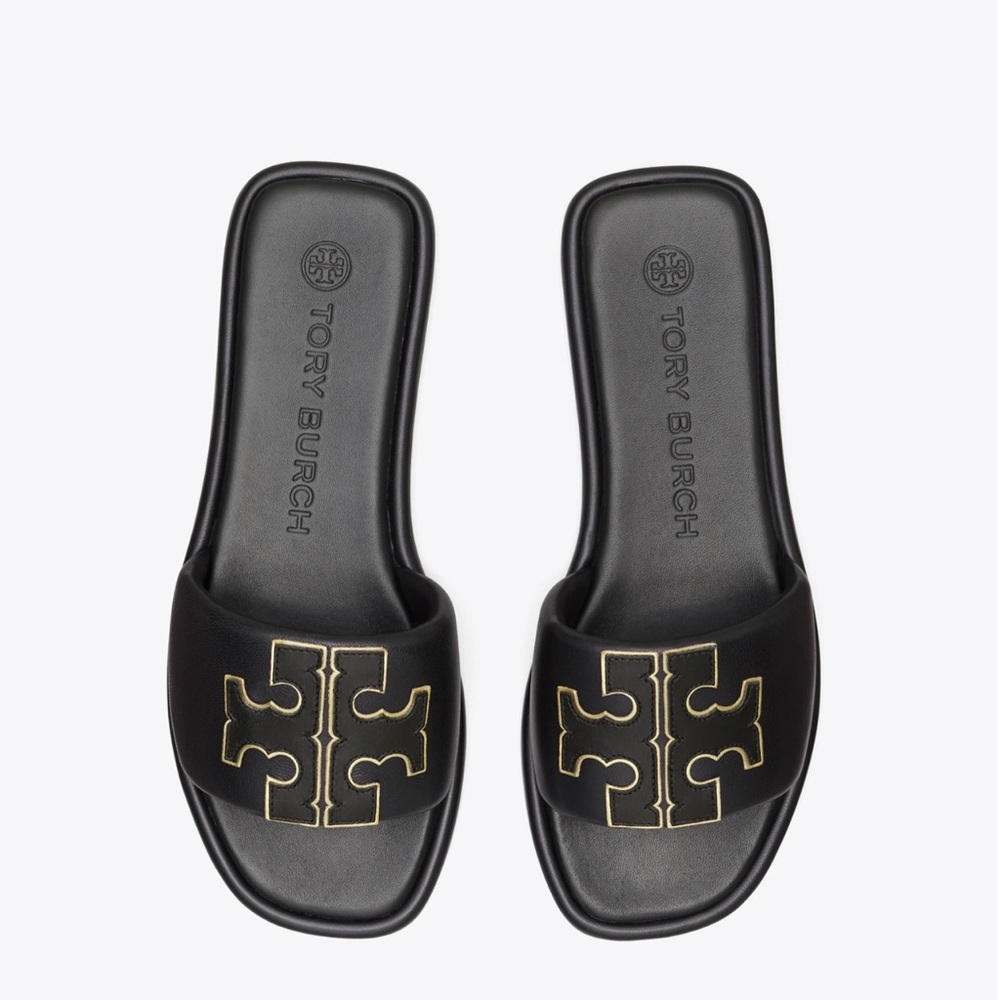 TORY BURCH DOUBLE T SPORT SLIDE SANDAL , black gold ,SZ 9.5, NIB